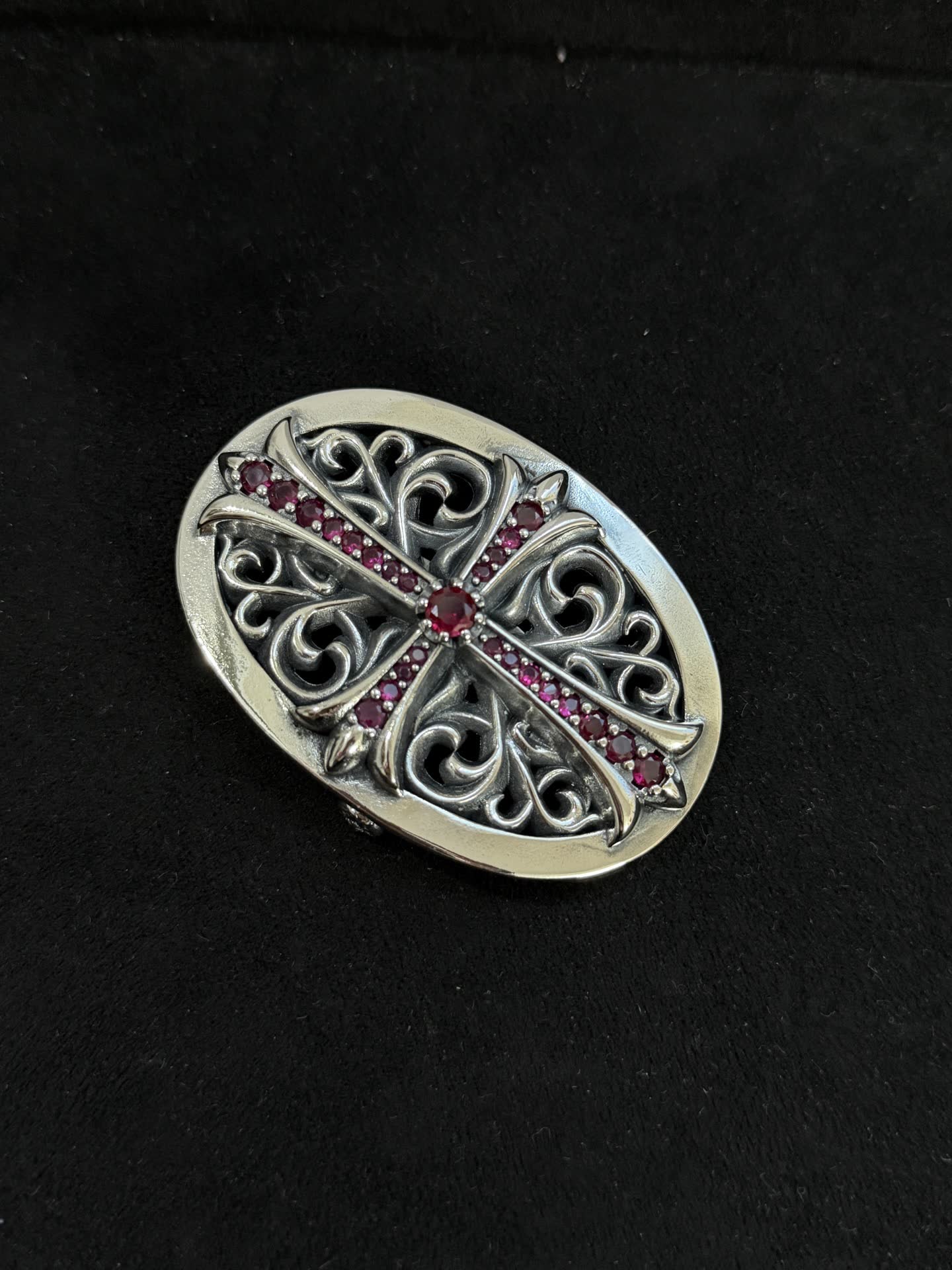 Chrome Hearts Elegant Filigree Cross Brooch with Gemstones